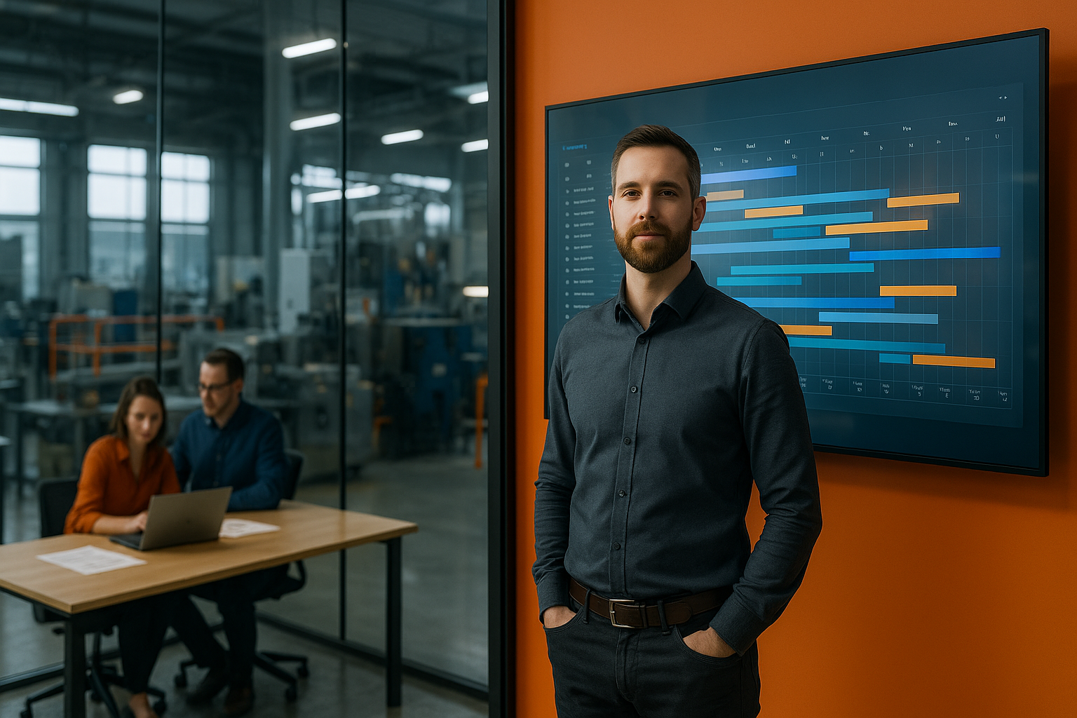 Planificateur de production en usine moderne, utilisant un outil numérique de planification intelligente pour améliorer la performance et éliminer le papier.